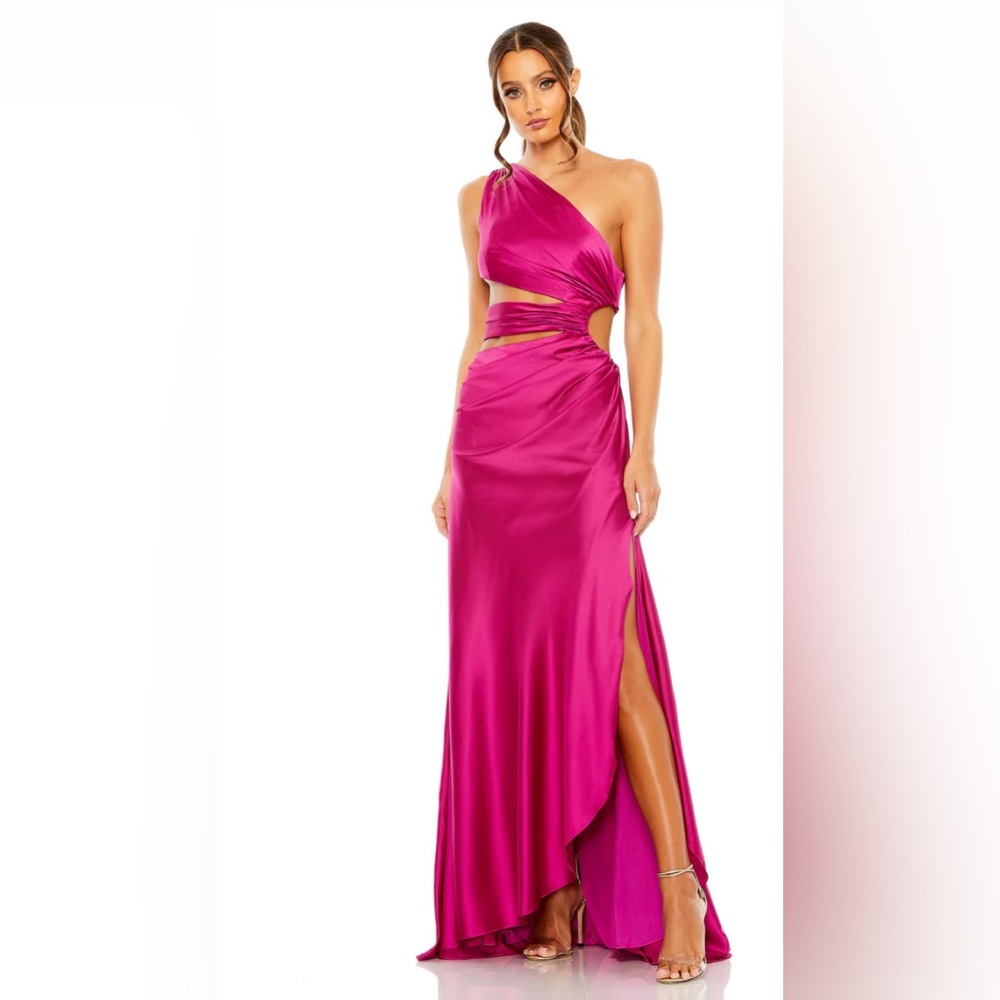 Mac Duggal One Shoulder Cut Out Satin Gown, Magenta, Size 6